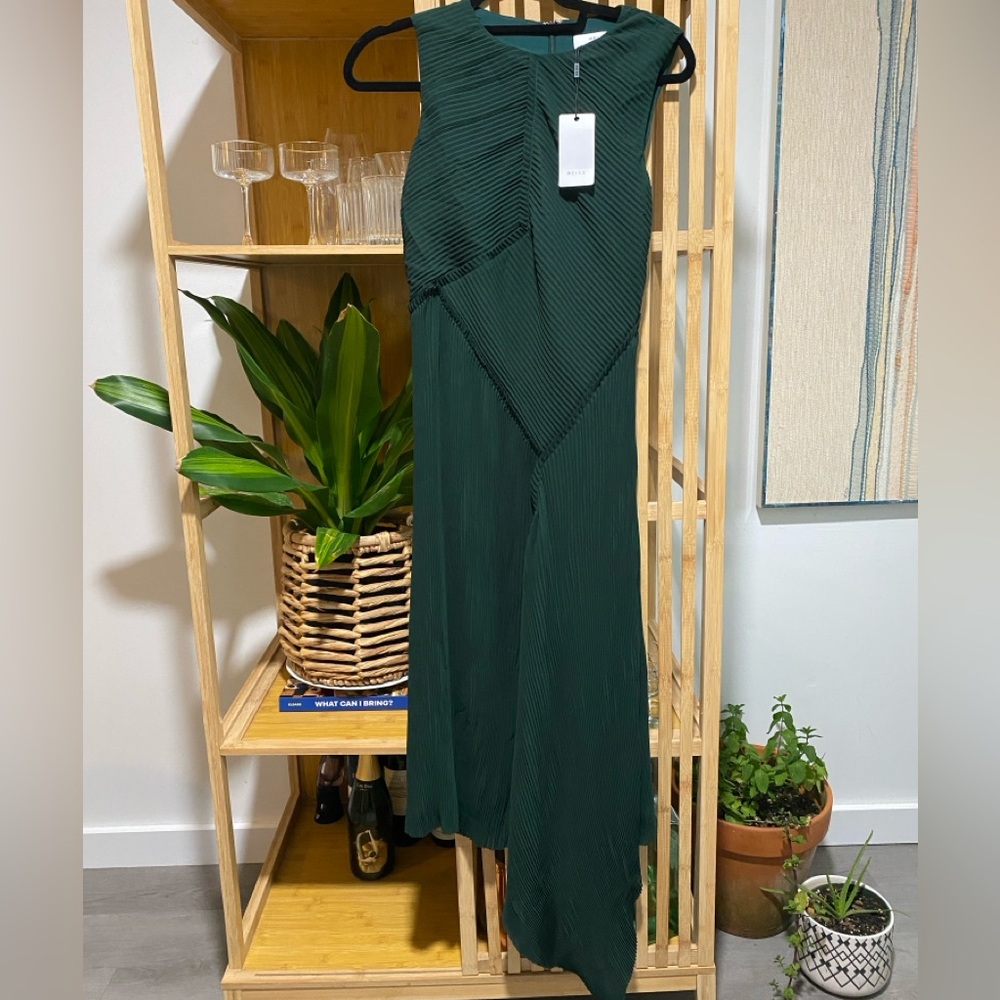 Reiss Green Rhona-Micro Pleat Midi Asymmetrical